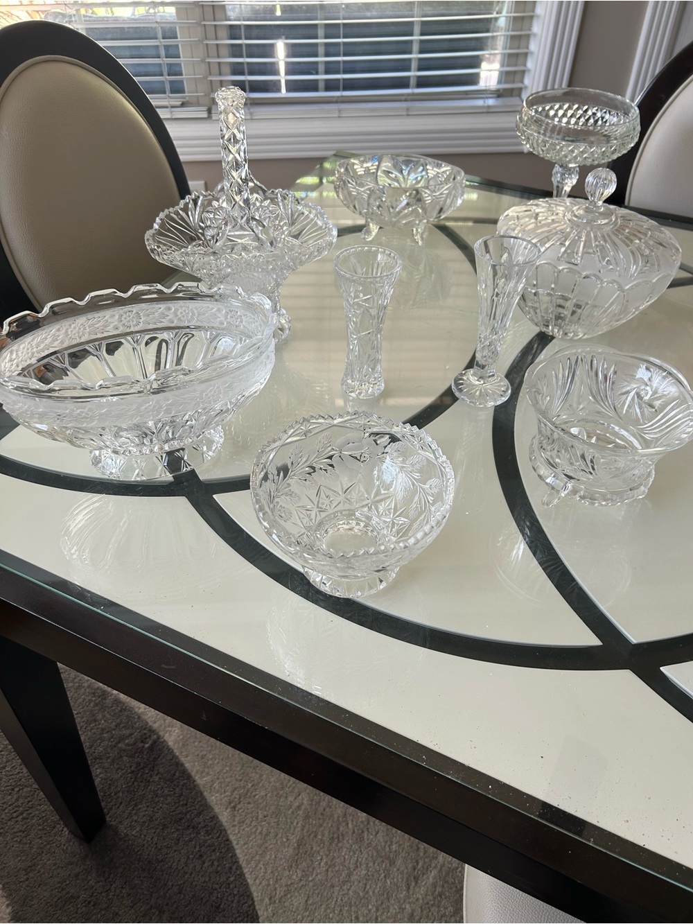 Cut Crystal Glass Serving Bowl & Vases Set - Clear